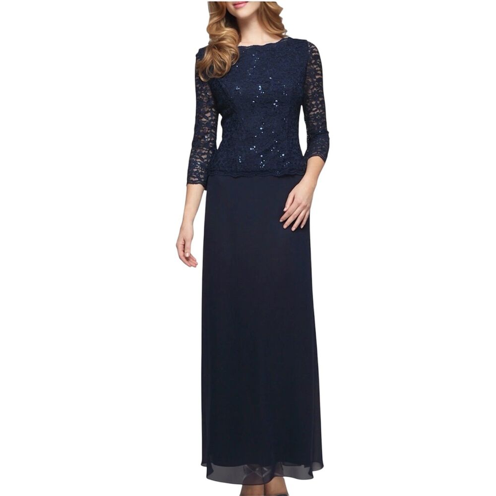 Alex Evenings Navy‎ Sequin Lace Chiffon A-Line Formal Evening Gown Size 10 NWT